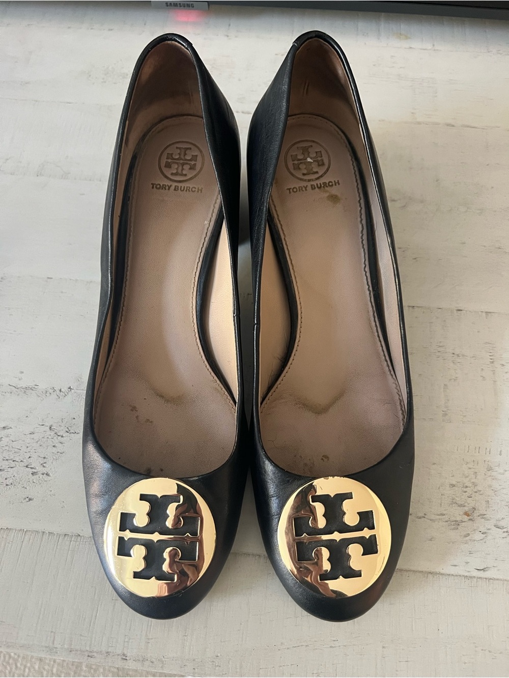 Tory Burch Black Leather Heels with Gold Logo Medallions
